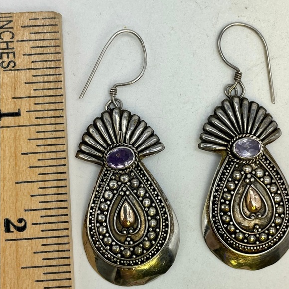 Boho Amethyst Dangle Earrings Sterling Silver Gold Large Tribal Bali 2 Tone - Picture 5 of 5